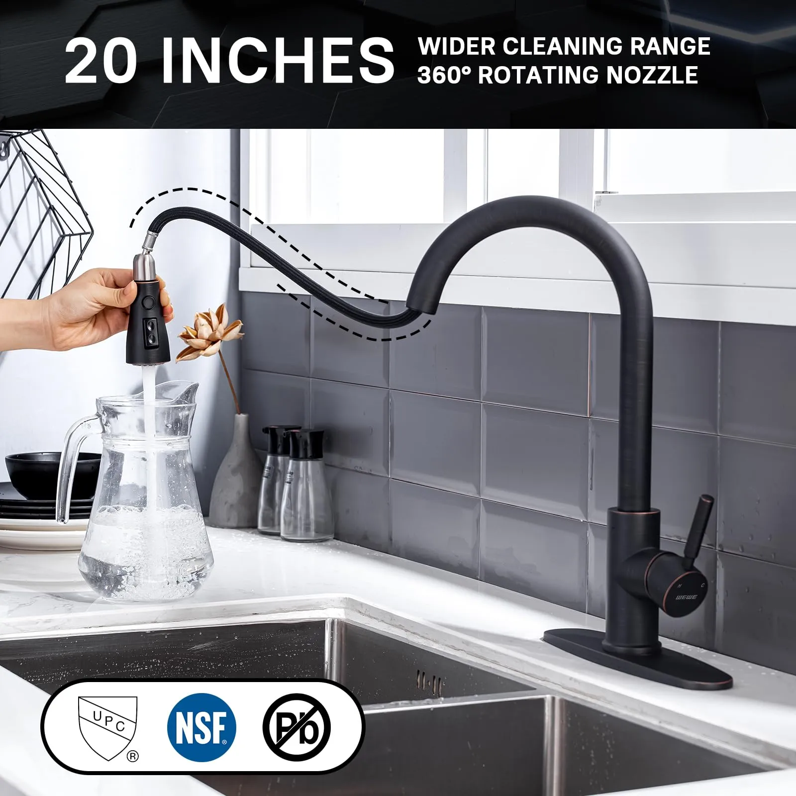 WEWE Kitchen faucets with Pull Down Sprayer, Farmhouse Kitchen Faucet Oil Rubbed Bronze Commercial Modern high arc Stainless Steel Single Handle Single Hole for Utility rv Laundry Sinks